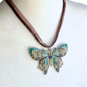 Oiled Bronze Butterfly Pendant Ribbon Necklace